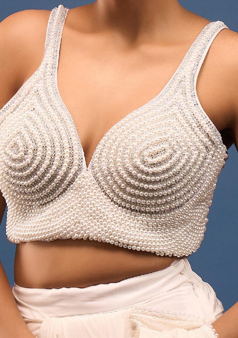 Pearl White Silk Pearl And Diamond Stone Hand Embroidery Stitched Blouse