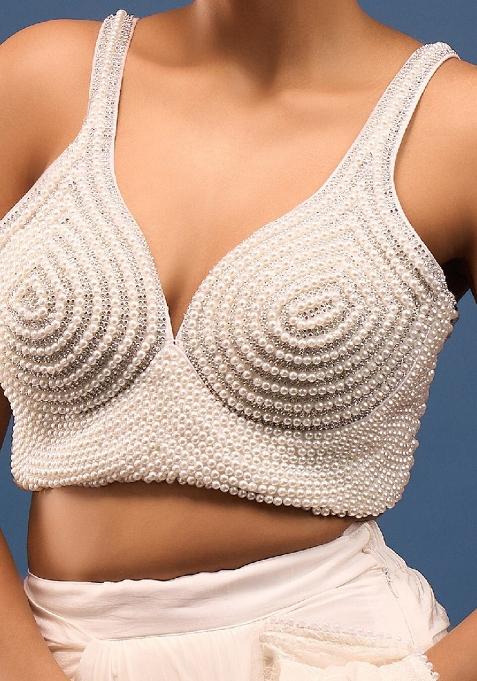 Pearl White Silk Pearl And Diamond Stone Hand Embroidery Stitched Blouse