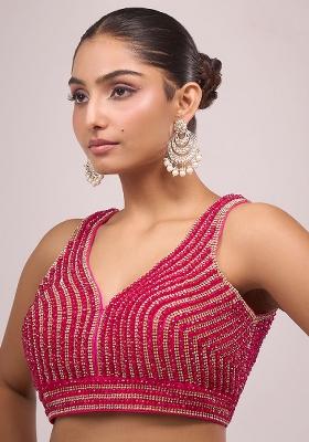 Hot Pink And Gold Silk Crystal And Pearl And Zircon Hand Embroidery Stitched Blouse
