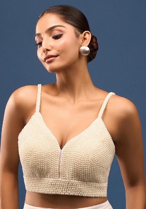 Pearl White Silk Pearl White Hand Embroidery Stitched Blouse