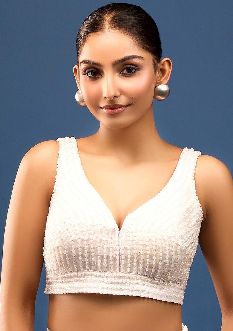 White Silk Pearl And Beads Hand Embroidery Stitched Blouse