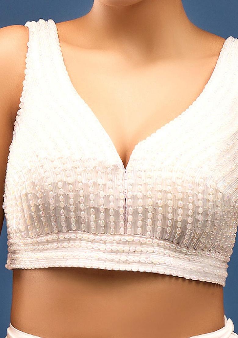 White Silk Pearl And Beads Hand Embroidery Stitched Blouse