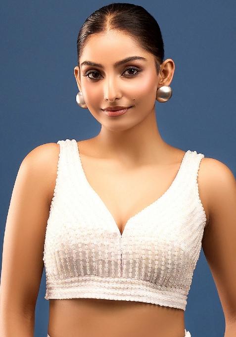 White Silk Pearl And Beads Hand Embroidery Stitched Blouse