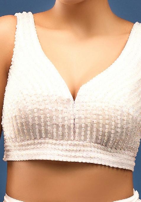 White Silk Pearl And Beads Hand Embroidery Stitched Blouse