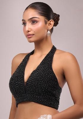 Black Silk Pearl And Beads Hand Embroidery Stitched Blouse