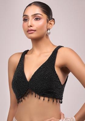 Black Silk Pearl And Beads Hand Embroidery Stitched Blouse