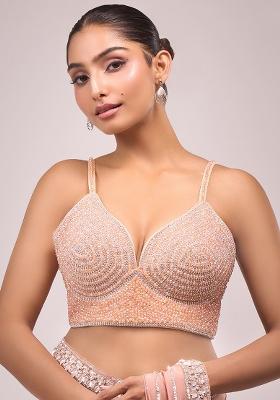 Peach Silk Crysyal Beads Zircon Hand Embroidery Stitched Blouse