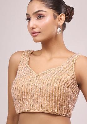 Peach Silk Crrystal Beads Zircon Stitched Blouse