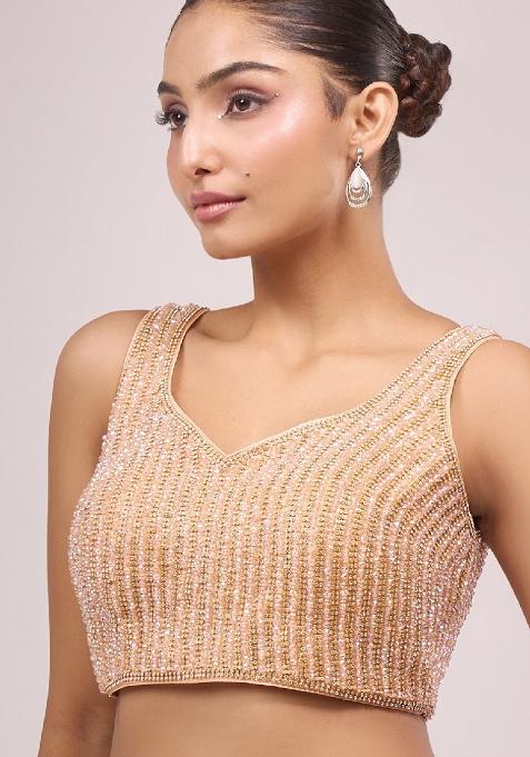 Peach Silk Crrystal Beads Zircon Stitched Blouse