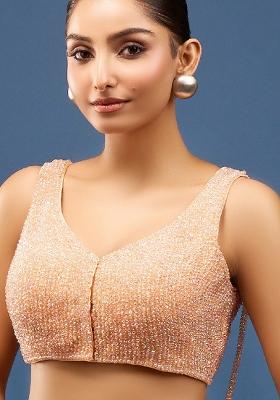 Peach Silk Crrystal Beads Zircon Stitched Blouse