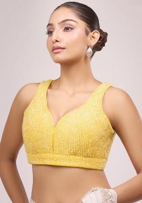 Yellow Silk Crrystal Beads Zircon Stitched Blouse