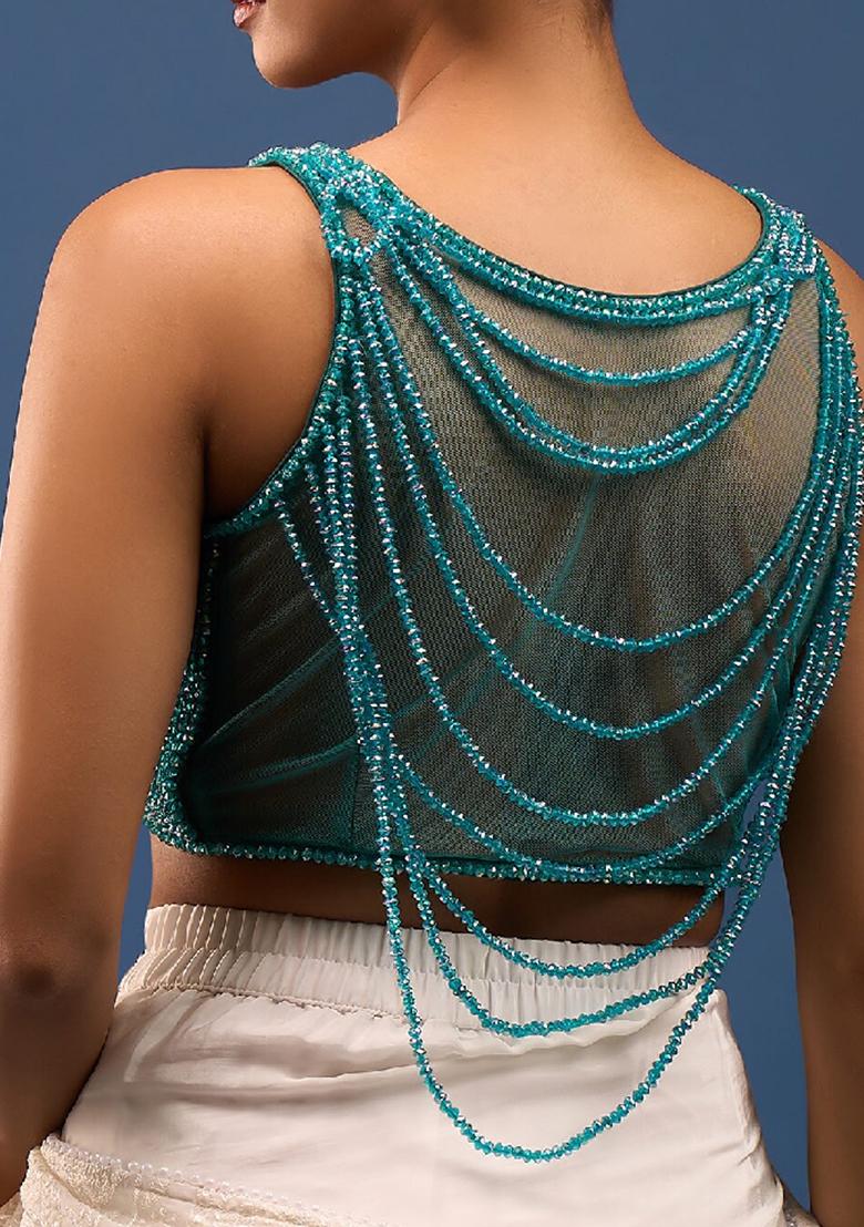 Teal Silk Crrystal Beads Stitched Blouse