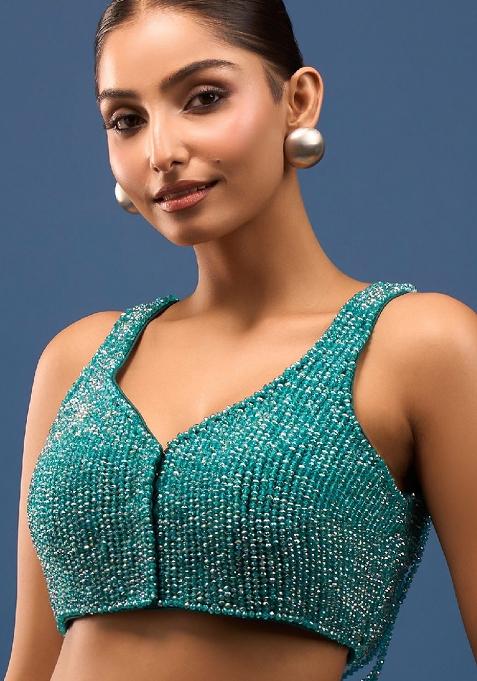 Teal Silk Crrystal Beads Stitched Blouse