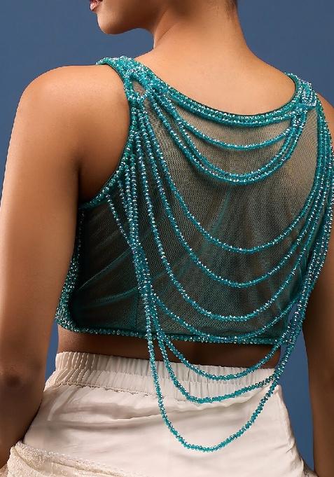 Teal Silk Crrystal Beads Stitched Blouse