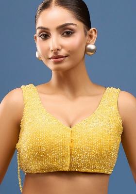 Yellow Silk Crrystal Beads Stitched Blouse