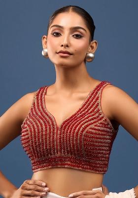 Red And Gold Silk Crrystal Beads Stitched Blouse