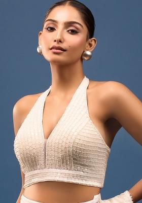 White Silk Pearl And Beads Hand Embroidery Stitched Blouse