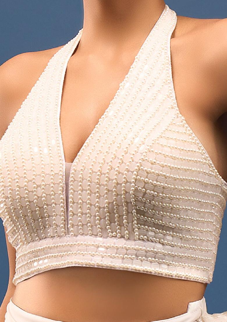 White Silk Pearl And Beads Hand Embroidery Stitched Blouse