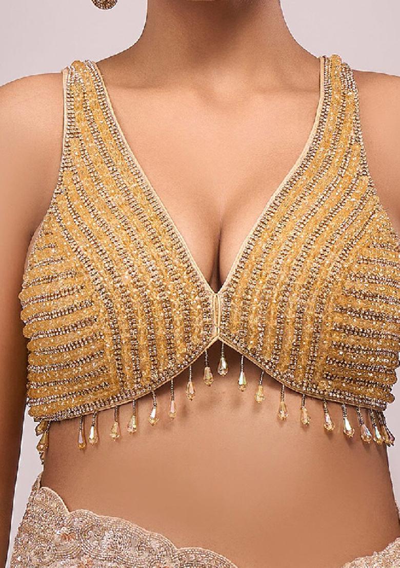 Golden Silk Crrystal Beads Stitched Blouse