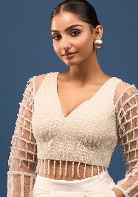 Pearl White Silk Crystal Pearl Beads Stitched Blouse