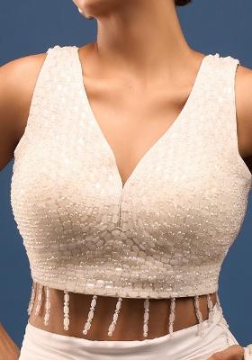 Pearl White Silk Crrystal Beads Stitched Blouse