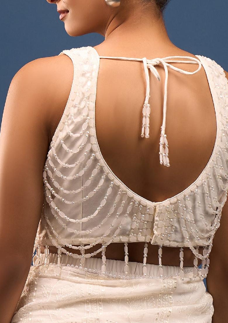 Pearl White Silk Crrystal Beads Stitched Blouse