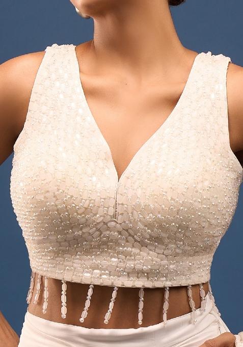 Pearl White Silk Crrystal Beads Stitched Blouse