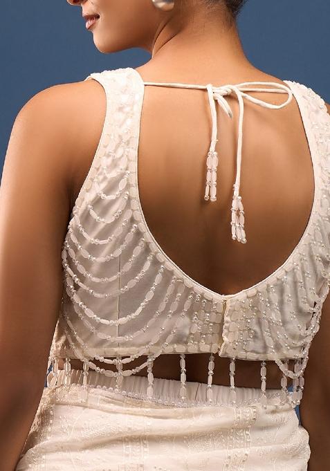 Pearl White Silk Crrystal Beads Stitched Blouse