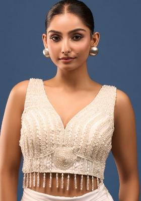Pearl White Silk Crystal Pearl Beads Stitched Blouse