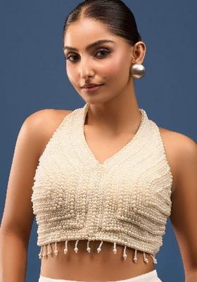 Pearl White Silk Crystal Pearl Beads Stitched Blouse