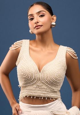 Pearl White Silk Pearl Stitched Blouse
