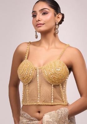 Golden Rainbow Silk Crrystal Beads Stitched Blouse