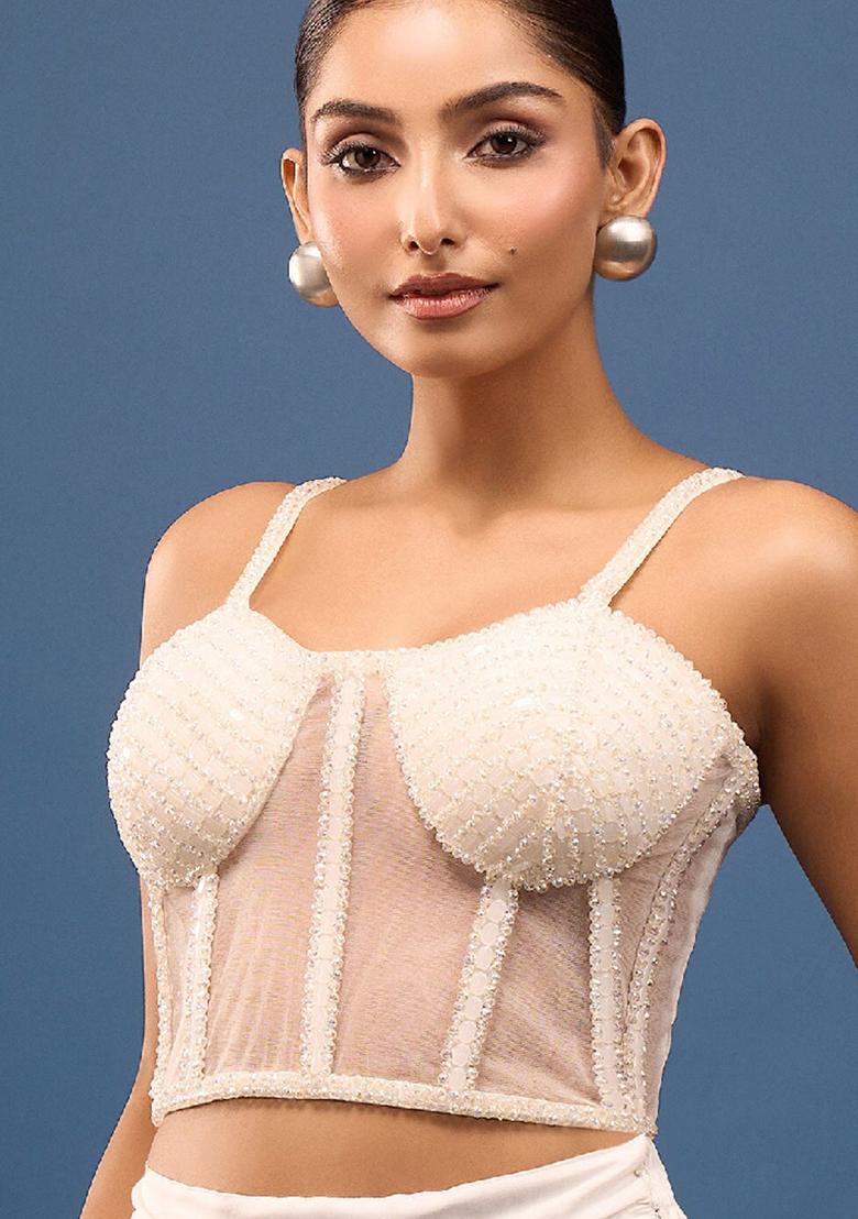 White Silk Crrystal Beads Stitched Blouse