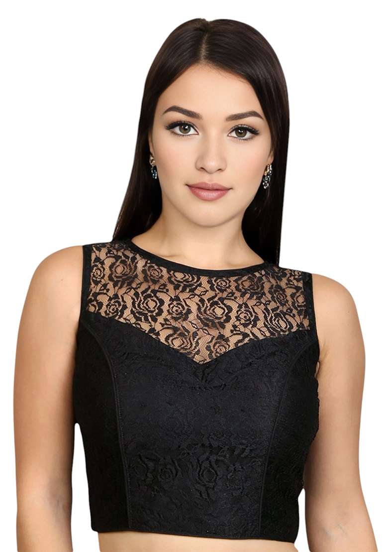 Black Back Hook Closure Net Blouse - Indya
