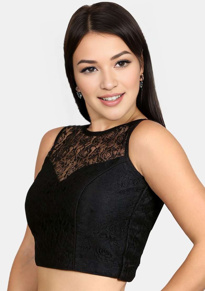 Black Back Hook Closure Net Blouse - Indya