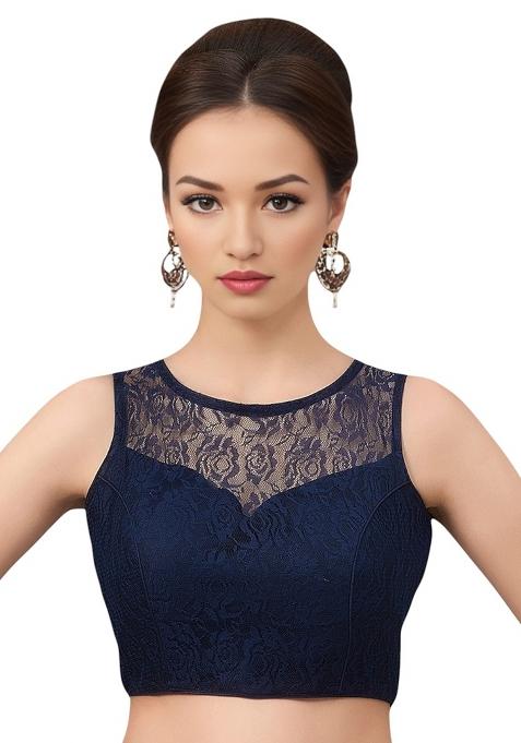 Navy Blue Back Hook Closure Net Blouse