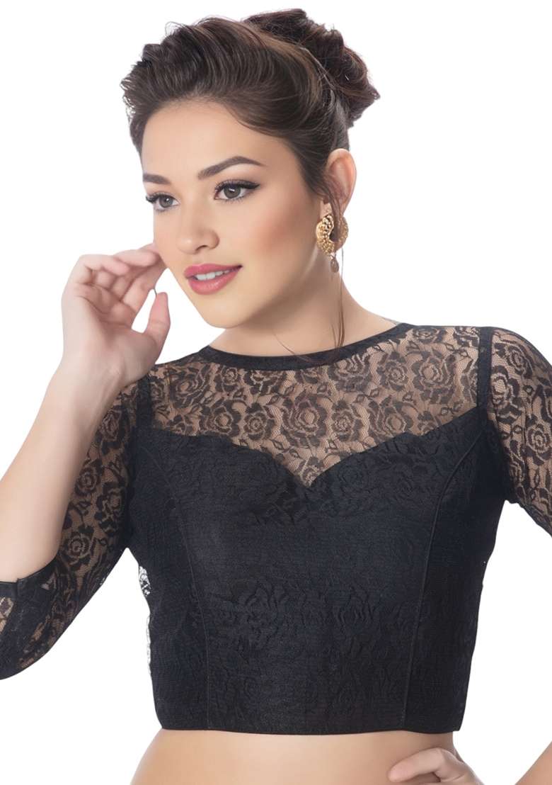 Black Back Hook Closure Net Blouse - Indya