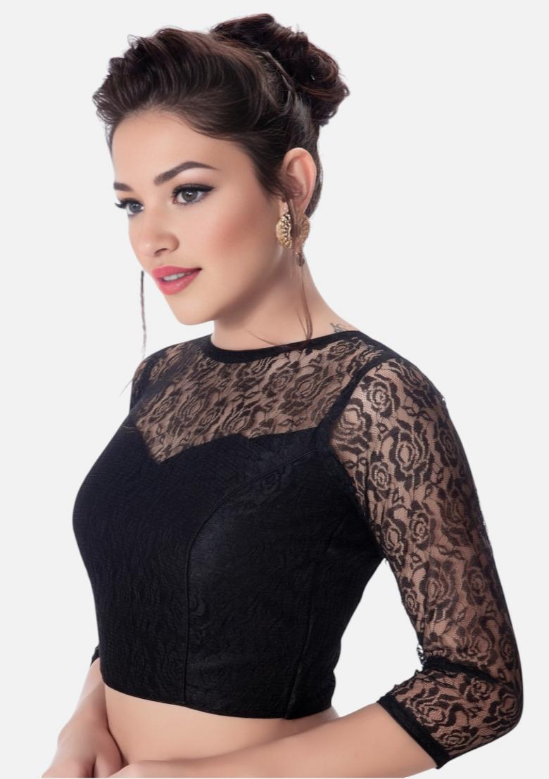 Black Back Hook Closure Net Blouse - Indya