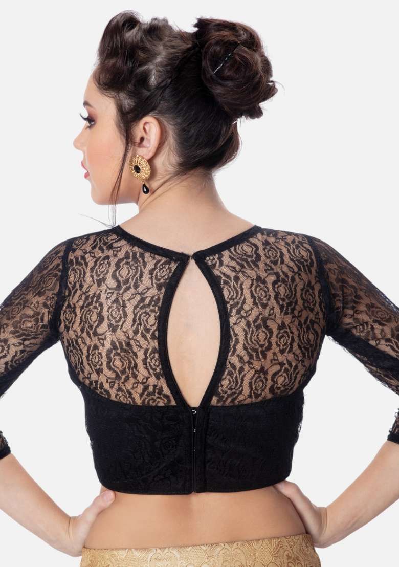 Black Back Hook Closure Net Blouse - Indya