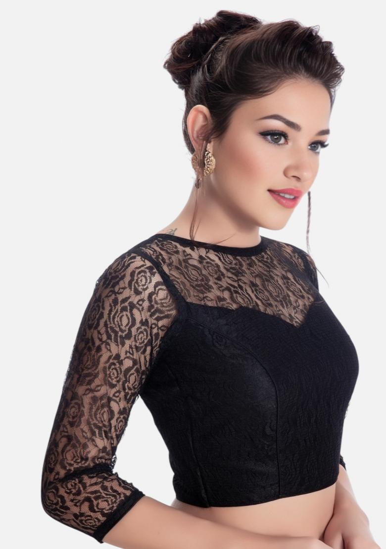 Black Back Hook Closure Net Blouse - Indya