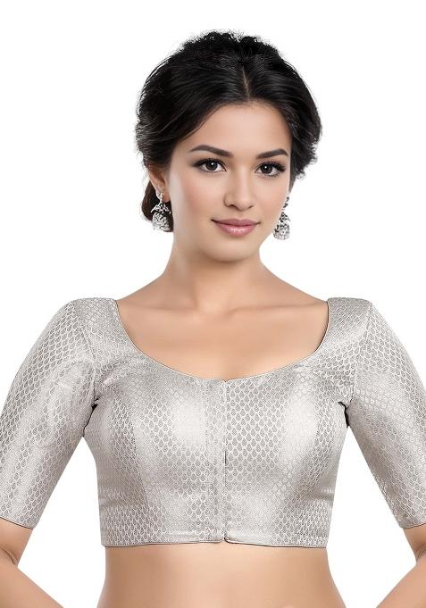 Silver Front Hook Closure Brocade Blouse