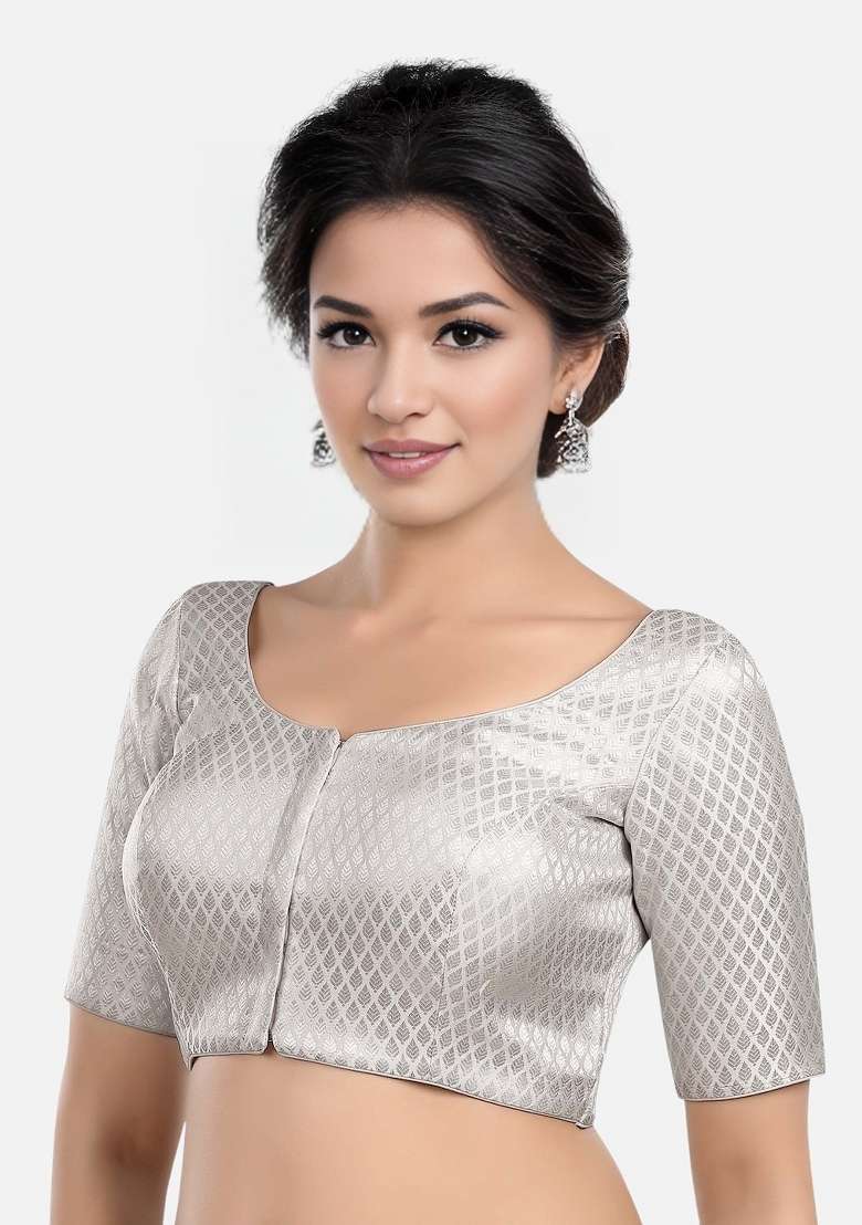 Silver Front Hook Closure Brocade Blouse - Indya