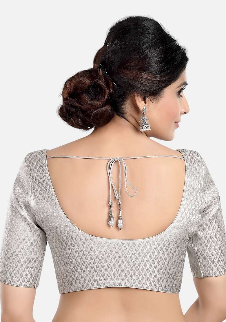 Silver Front Hook Closure Brocade Blouse - Indya