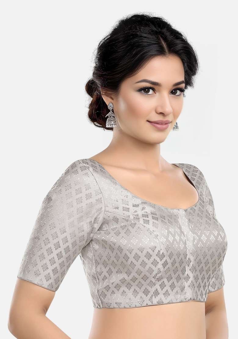 Silver Front Hook Closure Brocade Blouse - Indya