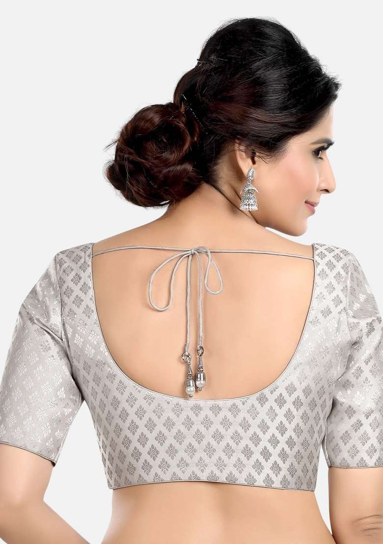 Silver Front Hook Closure Brocade Blouse - Indya