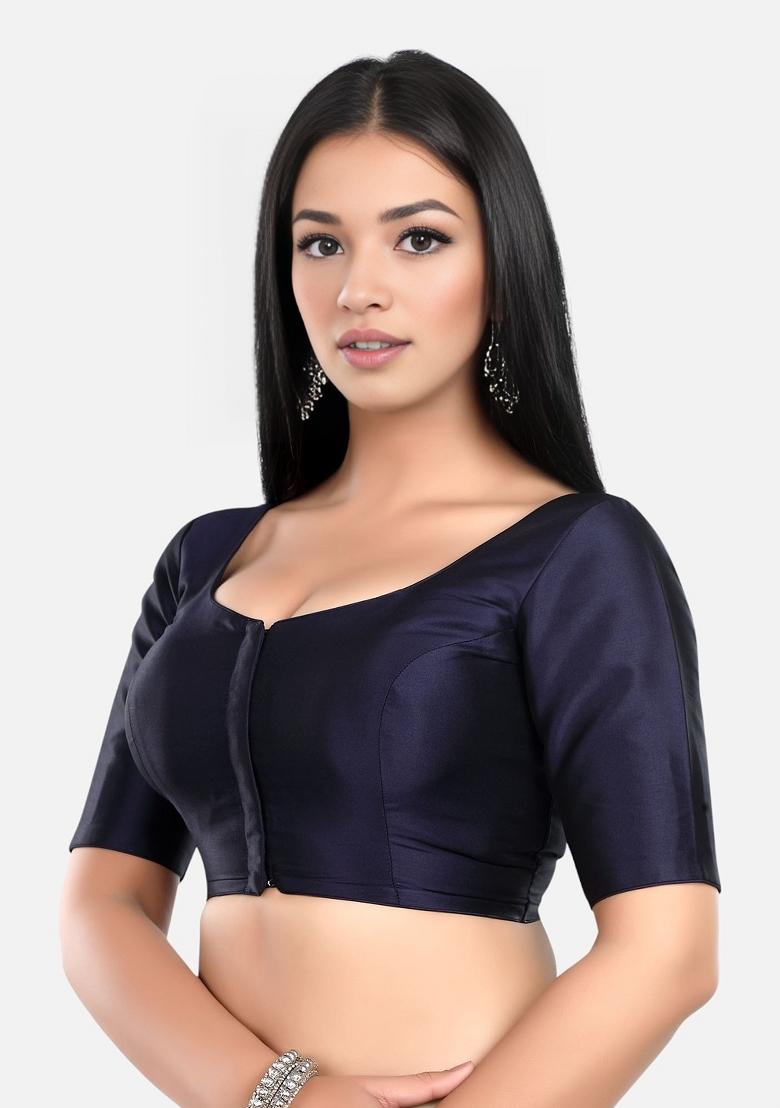 Navy Blue Front Hook Closure Banglori Silk Blouse - Indya