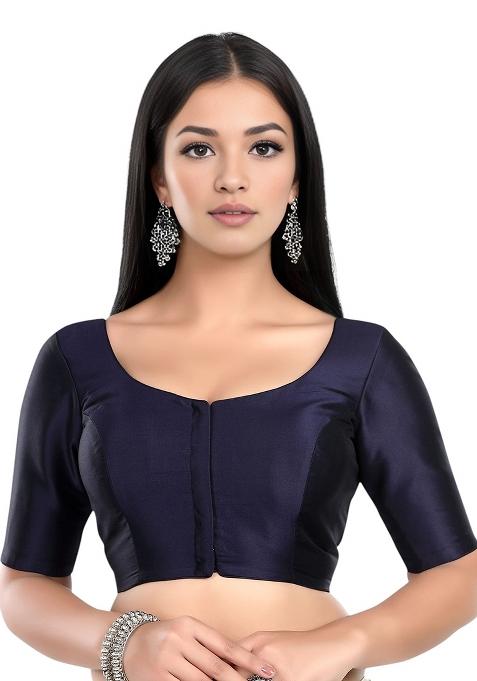 Navy Blue Front Hook Closure Banglori Silk Blouse