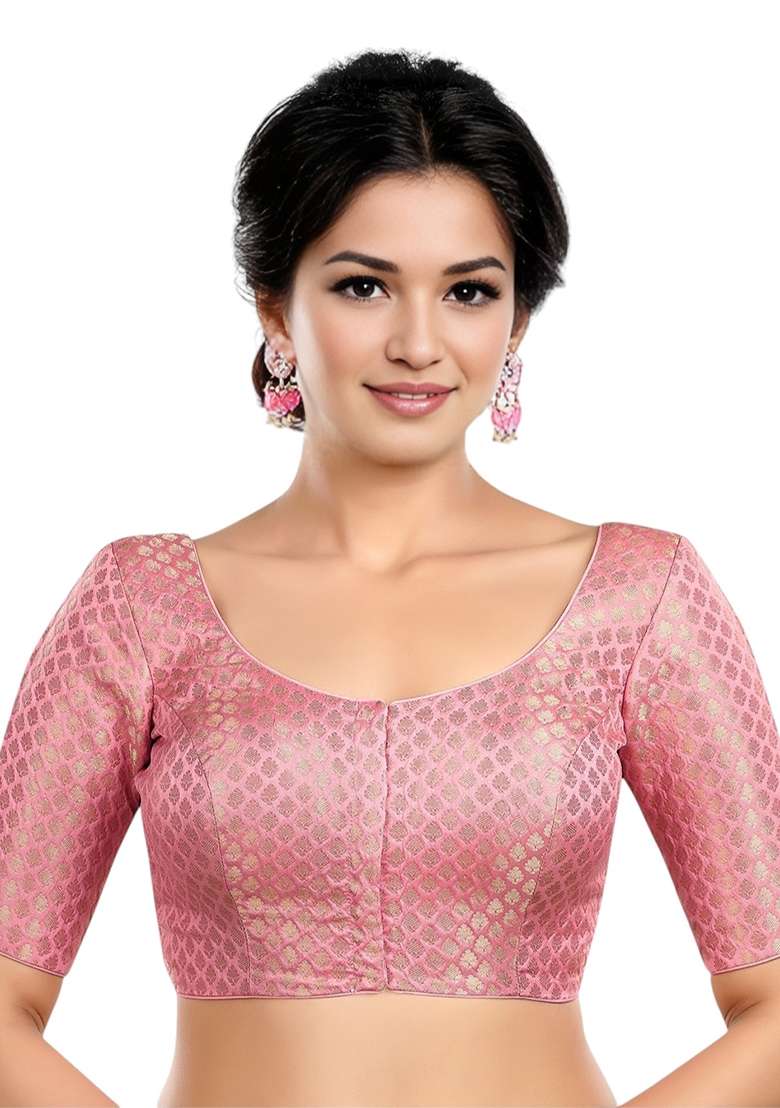 Baby Pink Front Hook Closure Brocade Blouse - Indya