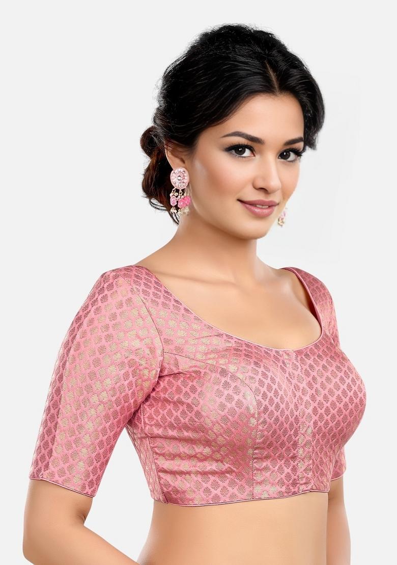 Baby Pink Front Hook Closure Brocade Blouse - Indya