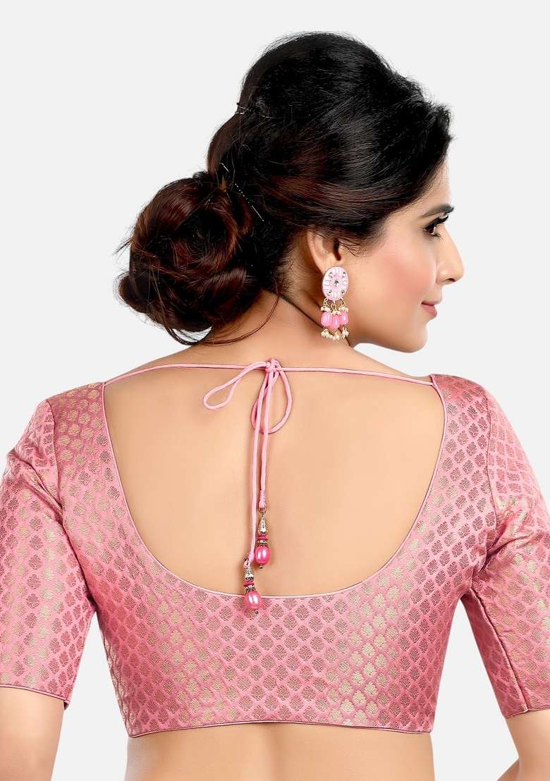 Baby Pink Front Hook Closure Brocade Blouse - Indya